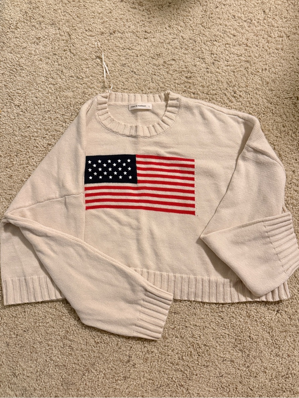 Women's Cream Crewneck Sweater with USA Flag